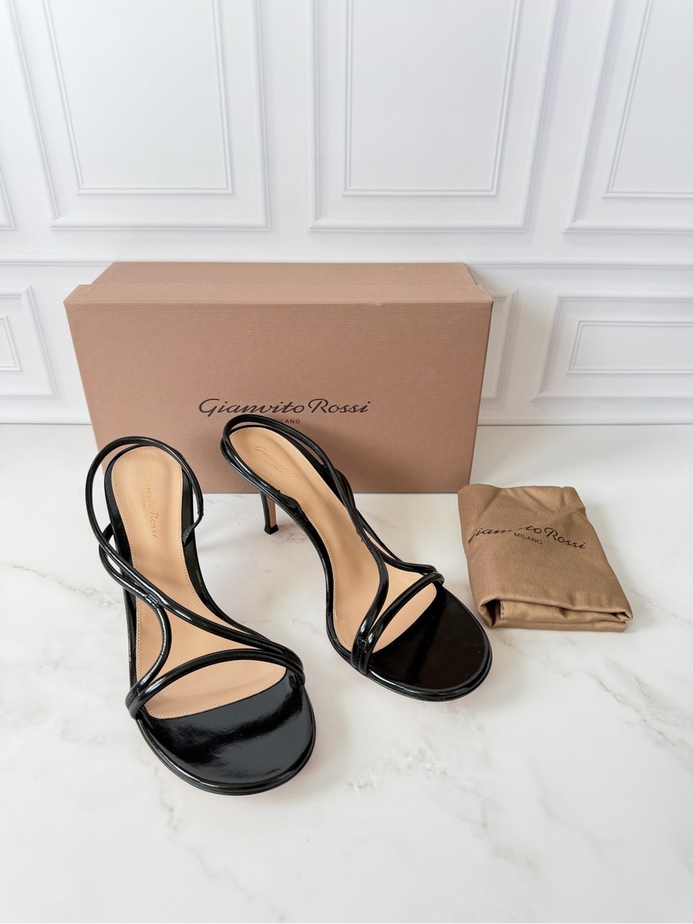 Gianvito Rossi Ellis Black Patent Leather Slingback Sandals Heels EU 40 NIB